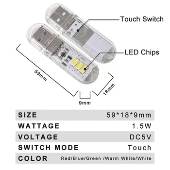 3LED 1.5 W veioze Colorate Mini Carte Touch Comutator Lumini LED-uri USB Lumina de Noapte DC5V Putere Banca Alimentat de Camping Bec