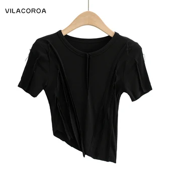 O-ncek INS Diagonală Tiv cu Maneci Scurte T-Shirt Ladeies Haine Slim Top Trunchiate Femeie Solidă Bumbac Mozaic Streetwear 2021