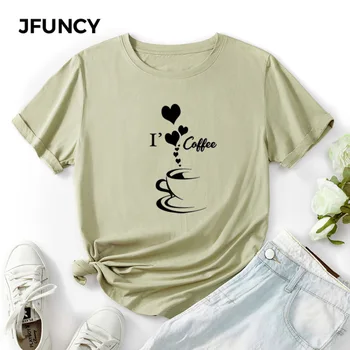 JFUNCY Femei, Plus Dimensiune T-shirt de Vara din Bumbac Tricou Femei Tricouri Topuri Cafea Imprimare Doamna Haine Casual Femei Graphic T Shirt
