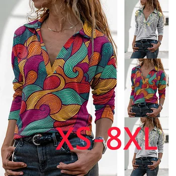 Toamna Casual pentru Femei Tricou Nou Rever Geometrice Imprimare tricou Femei la Modă Vrac Plus Dimensiune Casual pentru Femei Camasa