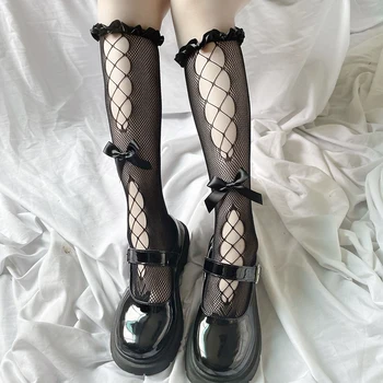 Lolita Bowknot Dantelă Ciorapi Femei JK Plasă de Șosete Lungi de sex Feminin Transparent Subțire de Înaltă Genunchi Șosete Fete Dress calcetines mass-media