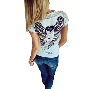 2019 Moda de Vara Tricou Femei T-shirt Vesta Aripi de Înger T-shirt Top Casual pentru Femei Dantela Cămașă cu mânecă Scurtă T-shirt Îmbrăcăminte