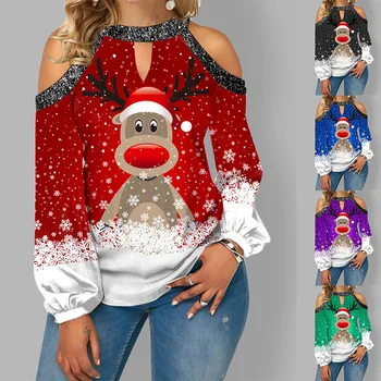 2021 Crăciun Elan De Imprimare T Tricoul Festivalului Model De Pe Umar Topuri De Iarna Cu Maneca Lunga Puff Maneca Pulovere Haine De Crăciun