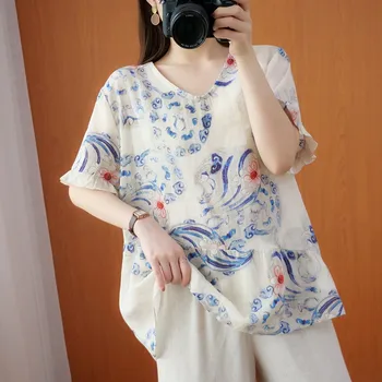 Femei Lenjerie de pat din Bumbac Casual T-shirt Nou 2021 Vară Stil Vintage V-neck Floral Print Vrac Femei Maneci Scurte Topuri Teuri B429