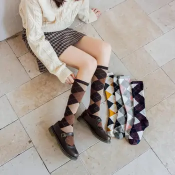 1 Perechi Model Romb Femeie Șosete Stil Japonez Șosete până la Genunchi Șosete până la Genunchi Tub Lung Ține de Cald Șosete Tub de Mijloc Genunchi