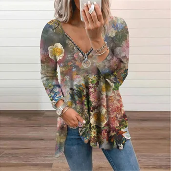 Print Floral V Gât Zipepr Tricou 2021 Femei Haine cu Maneca Lunga Plus Dimensiune Casual T-shirt Toamna Streetwear Tunica Tricou Top