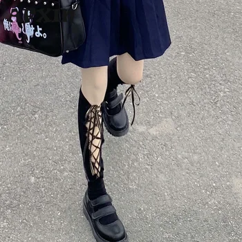 Gotic Întuneric Dantelă-Up Șosete Negre Femei Vara Harajuku Cruce Taie Gol Negru Ochiurilor De Plasă Ciorapi Kawaii Lolita Loli Ciorap De Sex Feminin