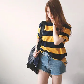 Temperament Tendință Femei cu Dungi T-shirt-coreean Liber Subțire Scurt Bluza cu Maneci Supradimensionate Vara Gât Rotund Top Elegant Casual