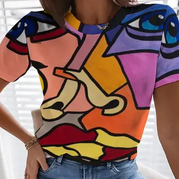 Vara Tricou Femei Impresionist Graffiti 3D de Imprimare cu Mâneci Scurte Casual Gât Rotund Elegant Liber Supradimensionate Femeie T-Shirt