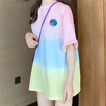 Curcubeu Supradimensionat Tricou Femei 2021 Haine De Vară Maneca Scurta Elevii Drăguț Coreeană De Moda Harajuku Tie Dye Topuri Femme