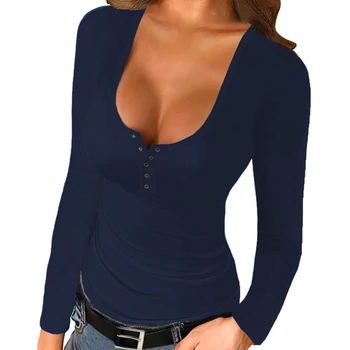 Femei Sexy V Adânc Gât Subțire Solid tricouri Top cu Maneci Lungi de Moda de sex Feminin Casual Butonul de Toamnă de Primăvară de Bază Tee Maxim 5 Culori 2