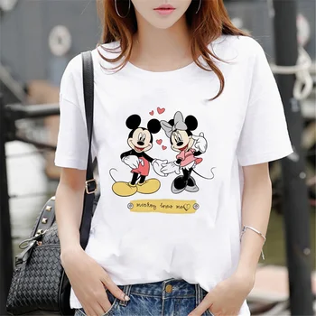Iubesc pe Mickey Și Minnie Câteva Tricouri de Vara cu Maneci Scurte Casual Alb O-neck Tricouri Unisex Moda Femei, Haine Plus Dimensiunea 2