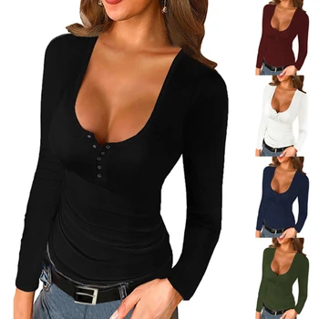 Femei Sexy V Adânc Gât Subțire Solid tricouri Top cu Maneci Lungi de Moda de sex Feminin Casual Butonul de Toamnă de Primăvară de Bază Tee Maxim 5 Culori 4