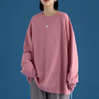 AYUNSUE 2021 Primavara Toamna cu maneca Lunga Bumbac T-Shirt Femei Bază Tricou Supradimensionat Tricou Casual, O-neck tricou Femei 4